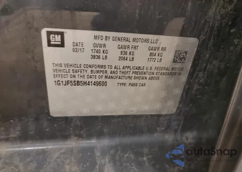 2017 Chevrolet Sonic Premier z USA, uszkodzony, nr VIN 1G1JF5SB5H4149600